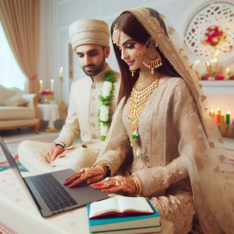 Online Nikah ceremony showing a bride and groom performing Islamic nikah via laptop with nikah khawan guidance and legal documentation.
